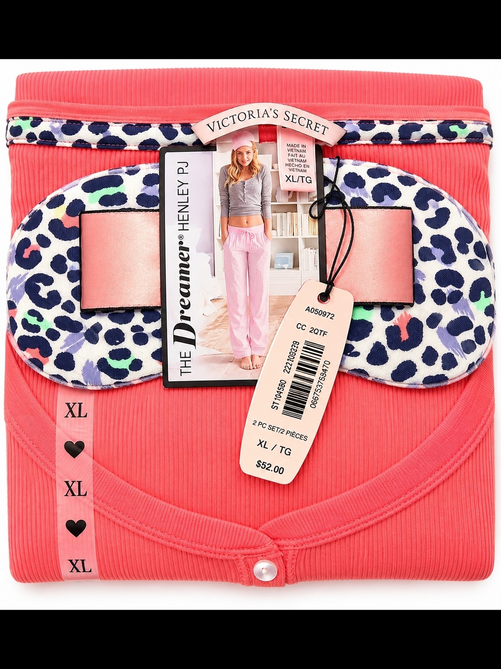 Victoria's Secret Coral Pink Ribbed Dreamer Henley PJ Set with Leopard Trim